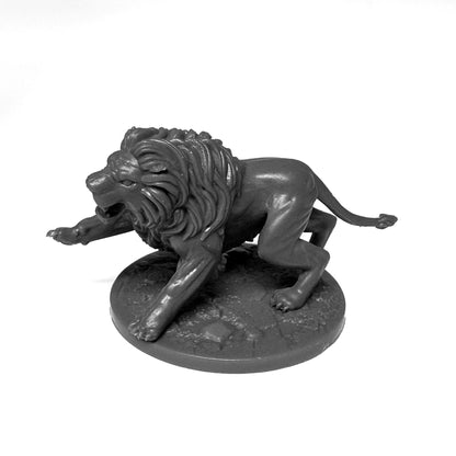 A Nemean Lion miniature in a crouching, roaring stance on a textured base