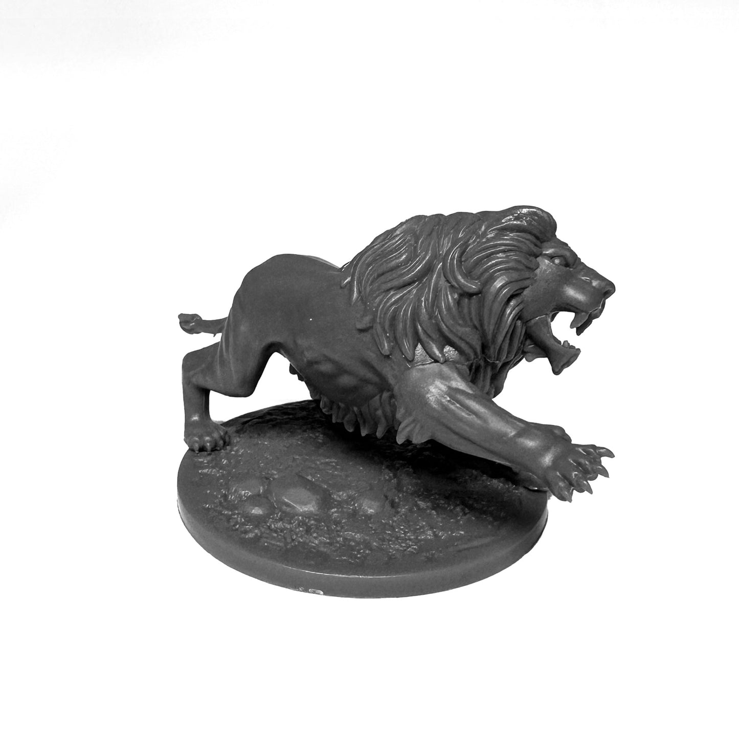 A grayscale miniature figure of a Nemean Lion in a roaring, lunging pose on a textured base