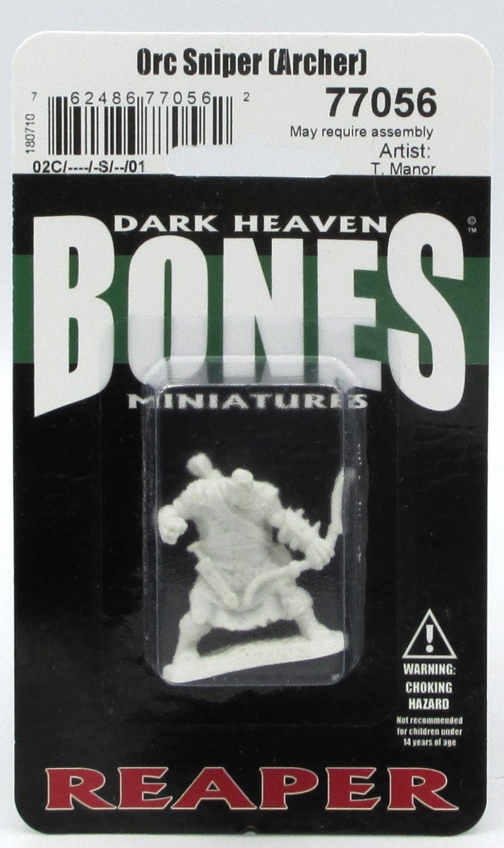 A packaged Reaper Bones Orc Sniper (Archer) miniature, an unpainted light-colored figure of an orc holding a bow on a white and black card