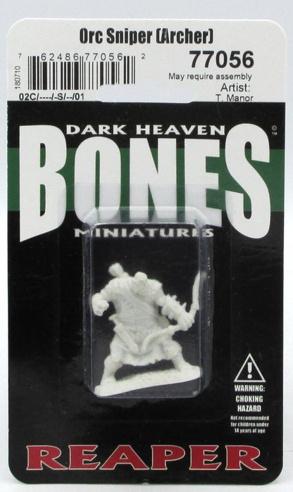 A packaged Reaper Bones Orc Sniper (Archer) miniature, an unpainted light-colored figure of an orc holding a bow on a white and black card