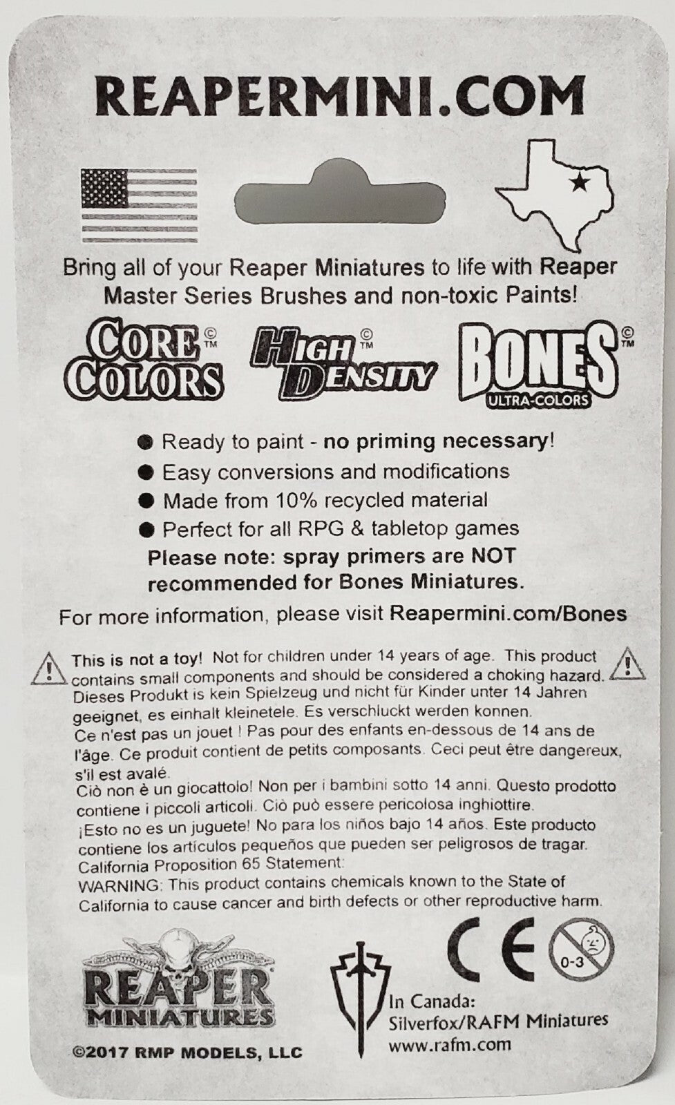 A product label with bulleted text listing features such as no priming needed easy modifications made from recycled material and suitable for tabletop games