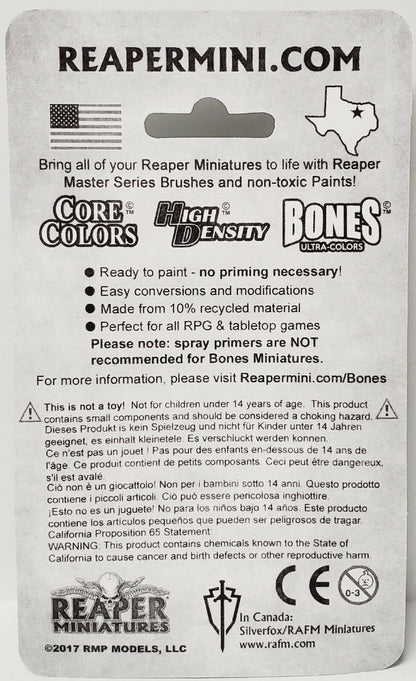 A product label with bulleted text listing features such as no priming needed easy modifications made from recycled material and suitable for tabletop games