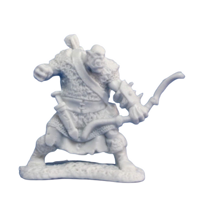 A white unpainted orc sniper miniature in a dynamic pose, holding a bow, wearing armor and fur