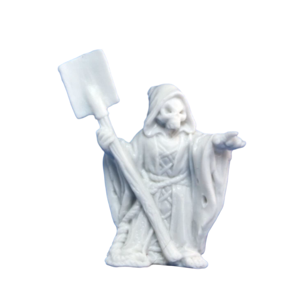 White Reaper Bones Mr Bones miniature of a hooded skeleton holding a shovel and pointing forward