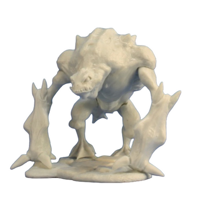 A Reaper Bones Toad Demon miniature, unpainted and off-white, stands on a base with its large claws raised