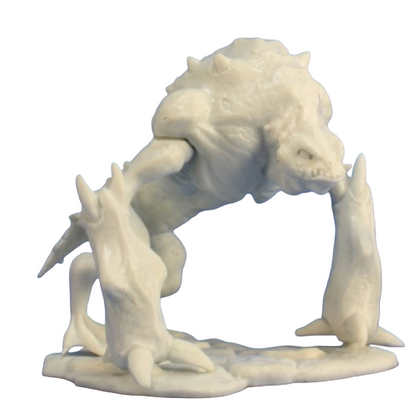 A white Reaper Bones Toad Demon miniature figurine with a thick body, spiky back, and powerful limbs stands on a sculpted base