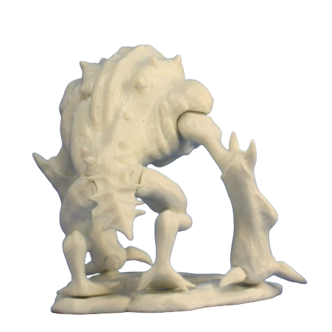 A cream-colored Reaper Bones Toad Demon miniature with a bumpy back, short legs, and one long, club-like arm on a round base