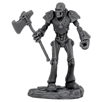 A dark grey unpainted Reaper Chronoscope Bones Wild West Wizard Of Oz Tin Man miniature, an armored robotic skeleton holding an axe on a rocky base