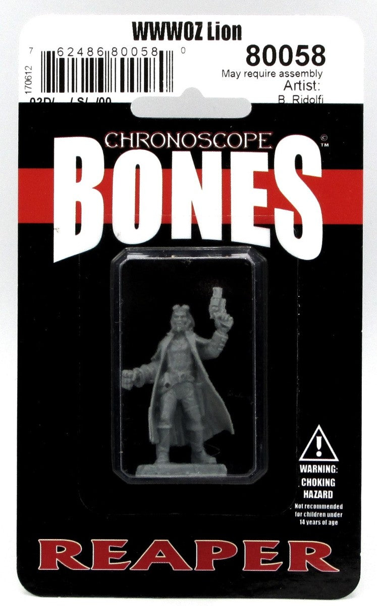 A gray unpainted Reaper Chronoscope Bones WWWoz Lion miniature, 80058, is sealed in a clear blister pack on a black and red card showing the figure in a long coat holding a pistol