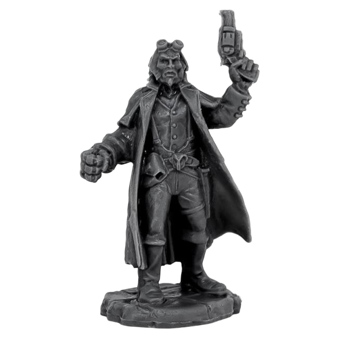 A dark gray Reaper Chronoscope Bones miniature of the Wild West Wizard of Oz Lion, a bearded man in a duster coat and goggles, raising a pistol while clenching his other fist