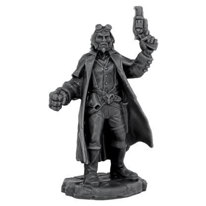 A dark gray Reaper Chronoscope Bones miniature of the Wild West Wizard of Oz Lion, a bearded man in a duster coat and goggles, raising a pistol while clenching his other fist