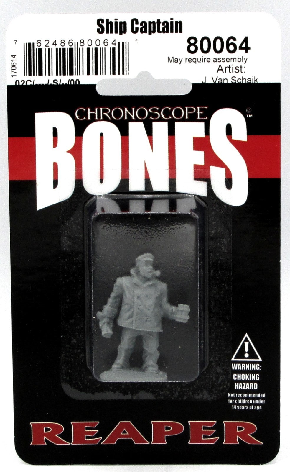 A gray Reaper Chronoscope Bones Ship Captain miniature, model 80064, depicted with a pipe and mug, sealed in a black and red blister pack with prominent 'Choking Hazard' warnings