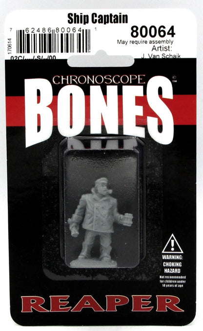 A gray Reaper Chronoscope Bones Ship Captain miniature, model 80064, depicted with a pipe and mug, sealed in a black and red blister pack with prominent 'Choking Hazard' warnings