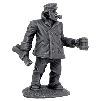 A gray miniature of a Reaper Chronoscope Bones Ship Captain in a coat and cap, holding a pipe in his open mouth, a mug, and a scroll