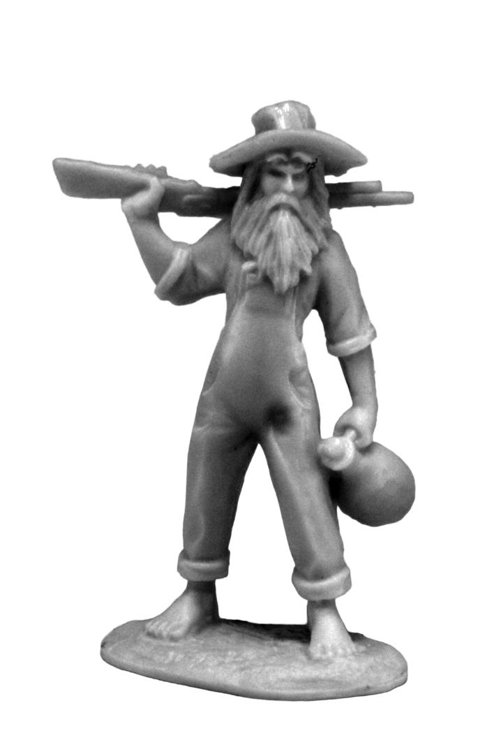 Grayscale miniature of the Reaper Chronoscope Bones Hillbilly, depicting a bearded man in overalls and a hat carrying a rifle and a jug, standing on a base