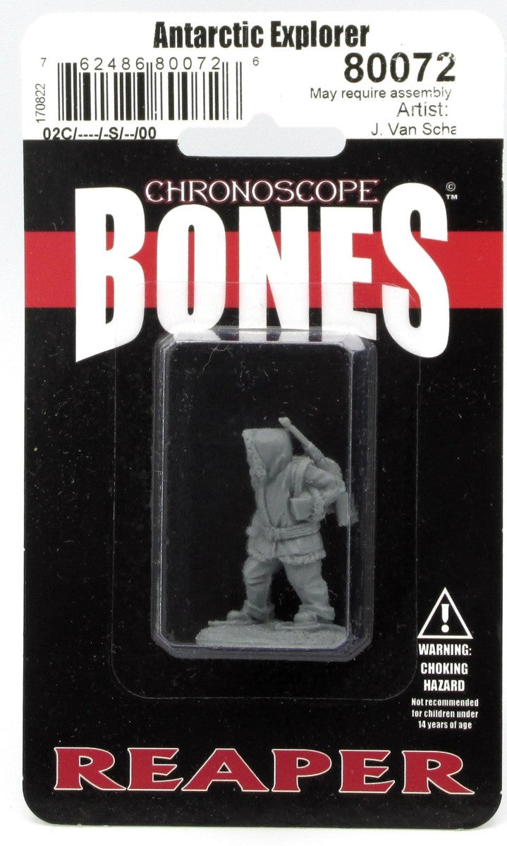 A packaged grey Reaper Chronoscope Bones Antarctic Explorer miniature figure in a clear blister pack showing the explorer in a hooded coat holding a pole