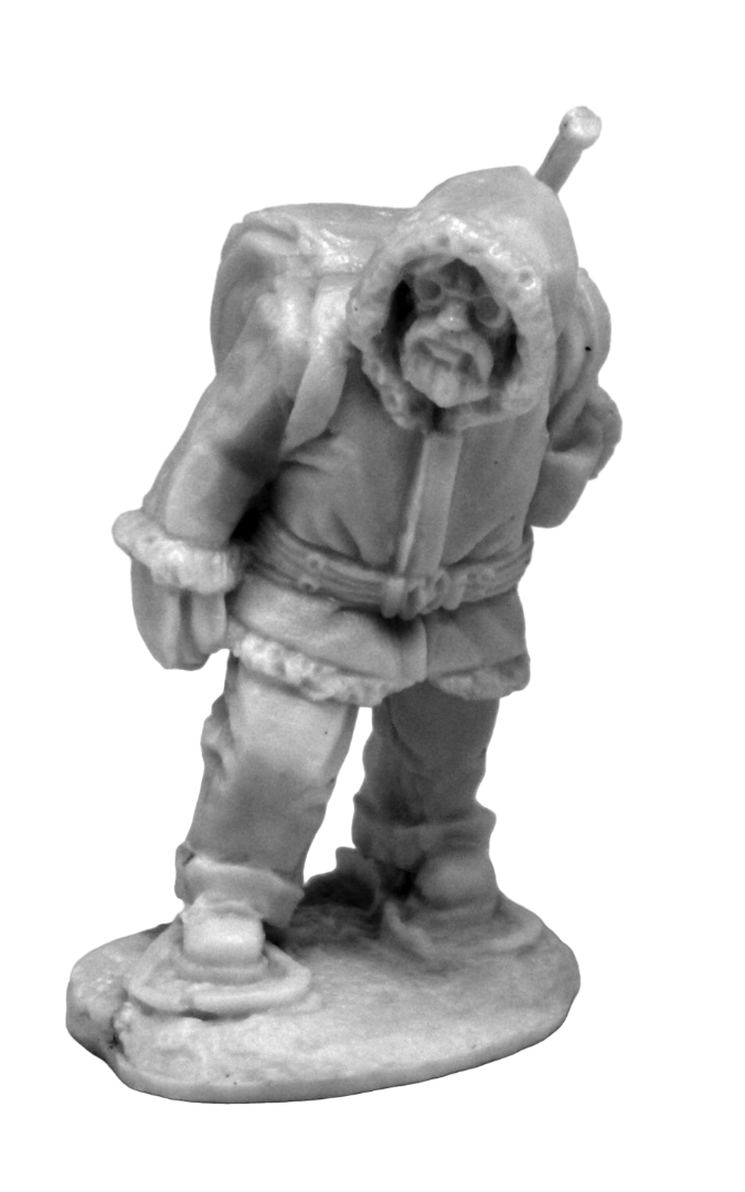Grayscale miniature of an Antarctic Explorer wearing a hooded coat with fur trim, carrying a large pack and staff, standing on a snowy base