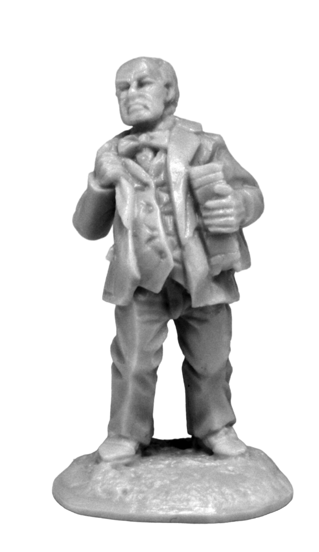 An unpainted light gray Reaper Chronoscope Bones Pulp Era Professor miniature displays a stern man wearing a suit and bow tie, holding a book, with his right hand near his chest, on a textured base