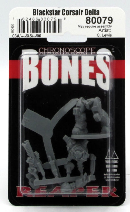 A gray unassembled Reaper Chronoscope Bones Blackstar Corsair Delta miniature kit, model 80079, showing a futuristic figure and weapons sealed in a clear blister pack on a white and black card