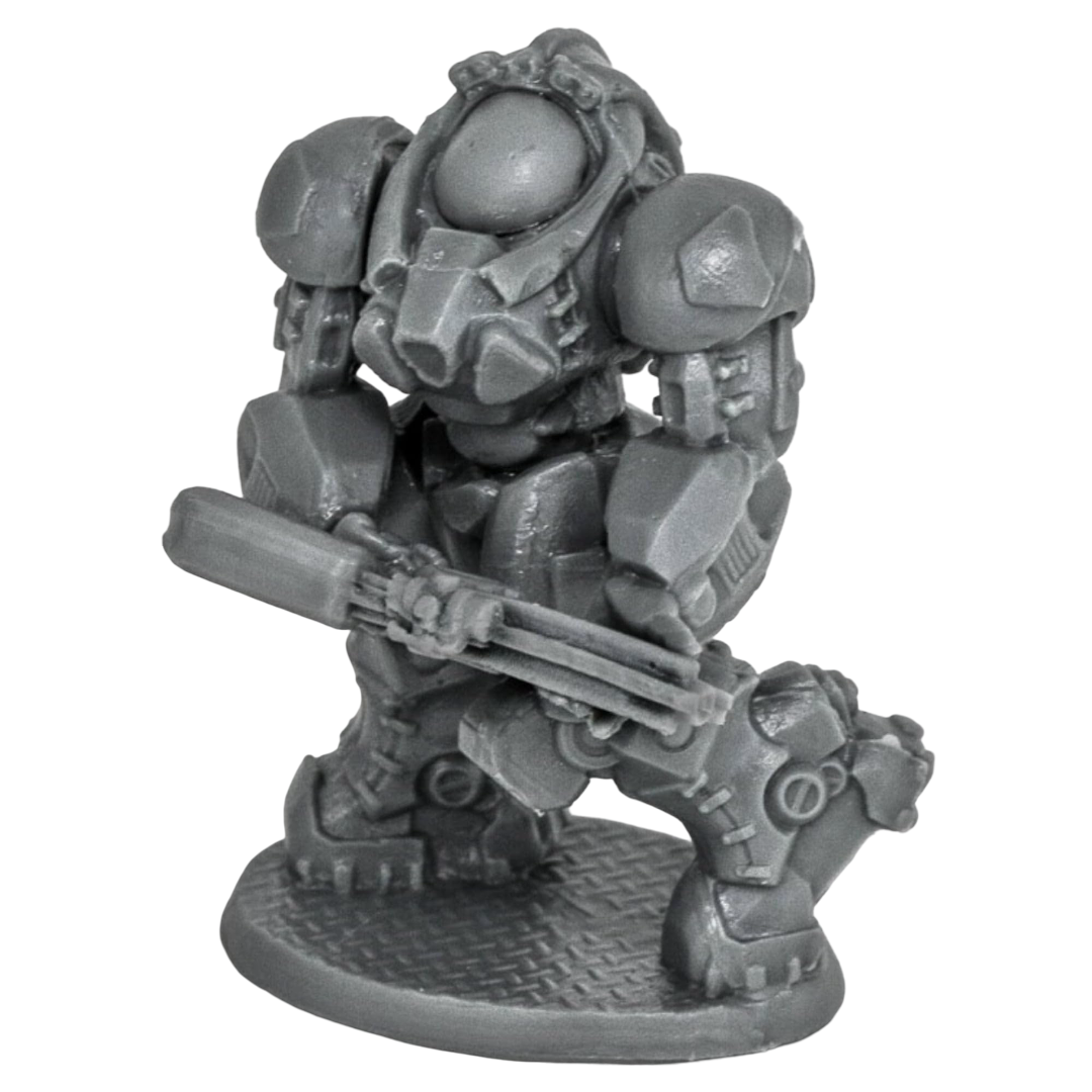 A grey plastic miniature of a Reaper Chronoscope Bones Blackstar Corsair Delta, an armored figure kneeling and holding a rifle on a textured base