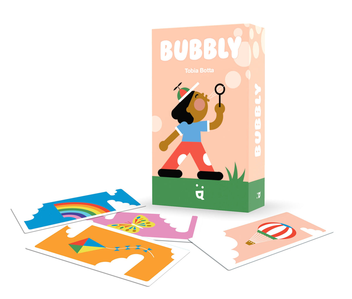Game components laid out, including vibrant cards and box
