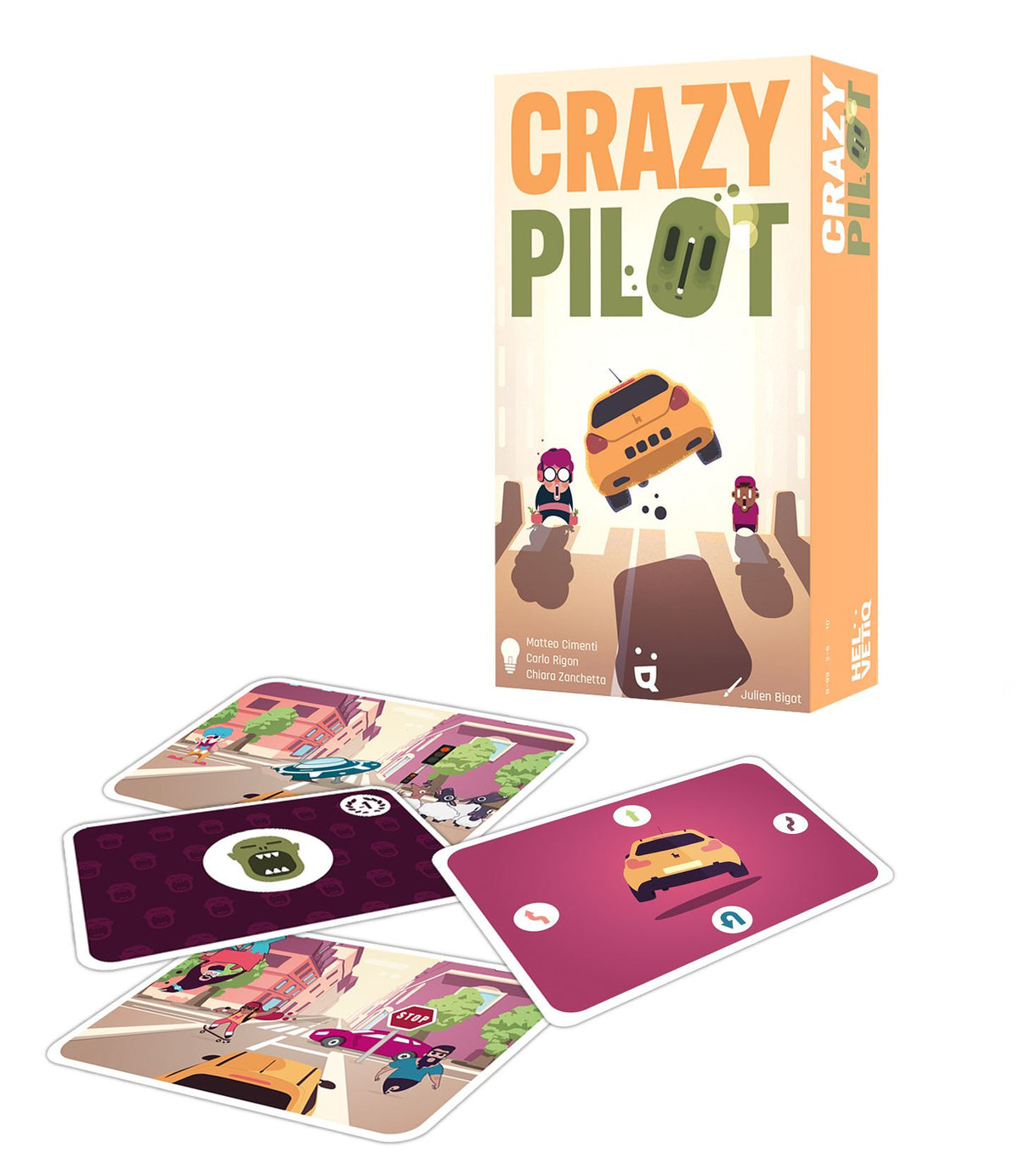 Crazy Pilot card game box featuring colorful cartoon artwork with a pilot flying through a busy cityscape filled with zombies and hazards