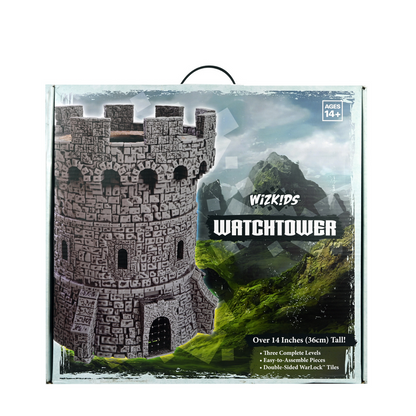 WizKids Watchtower product box displays a detailed stone model against green mountains