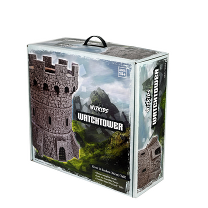 WizKids Watchtower modular stone tower model kit box, displaying the detailed stone tower against a mountain backdrop