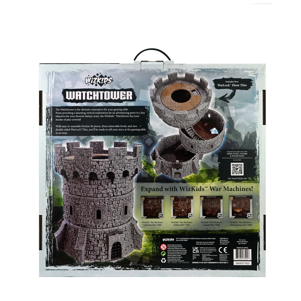WizKids Watchtower gaming accessory box. A modular stone tower is shown assembled and in an exploded view with removable levels