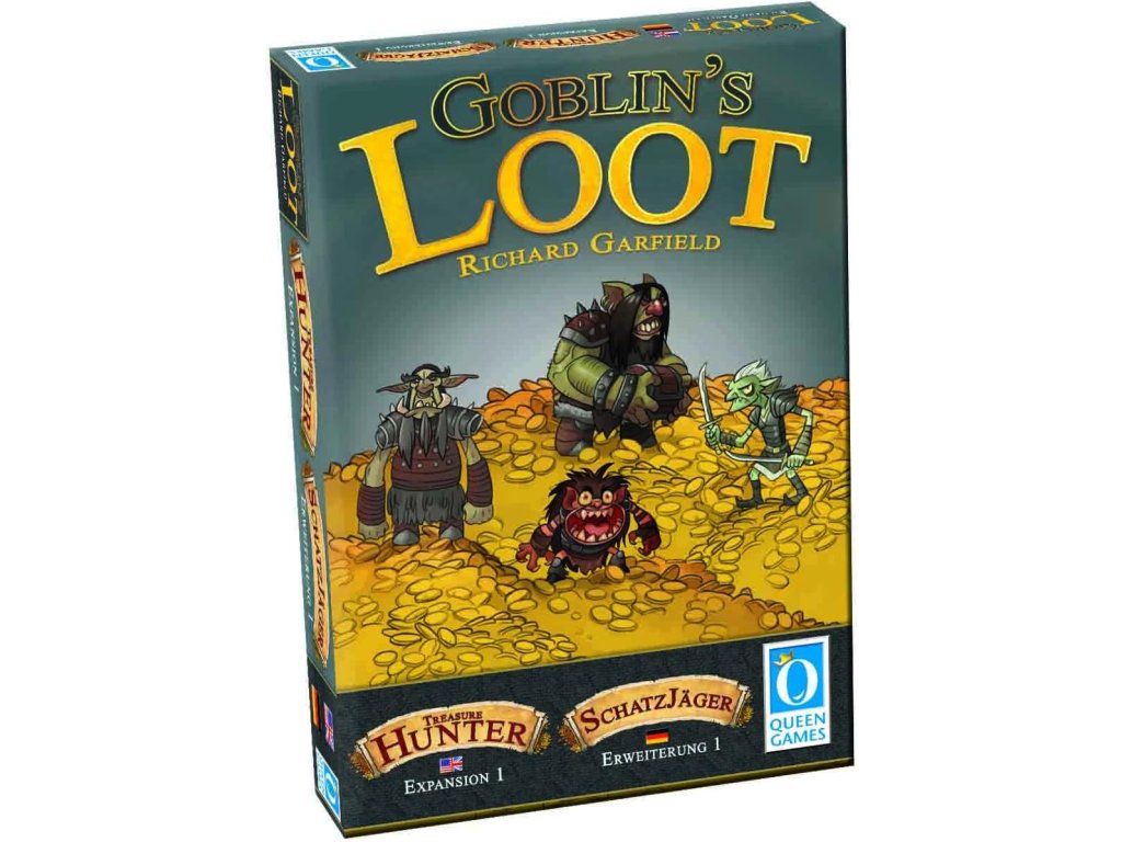 A Goblin's Loot and Treasure Hunter Expansion 1 game box showing four goblin-like creatures on a pile of gold coins