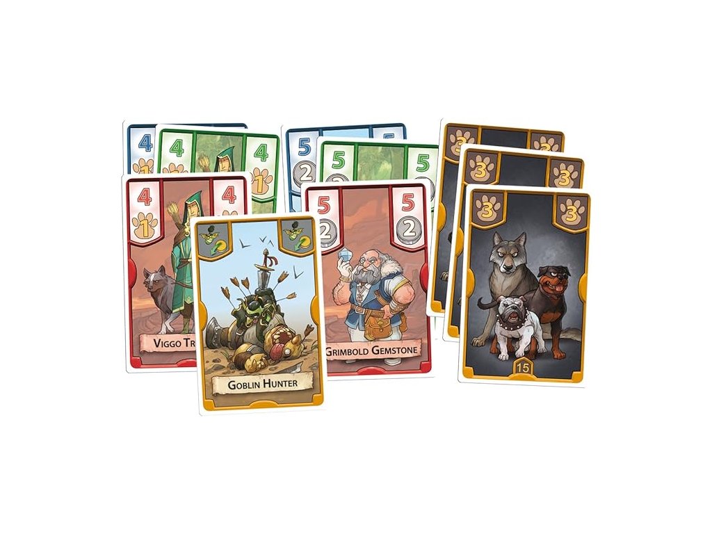 Stacks of Treasure Hunter game cards, including a goblin hunter, dwarf, elf, and dogs, with numbers and paw print icons visible