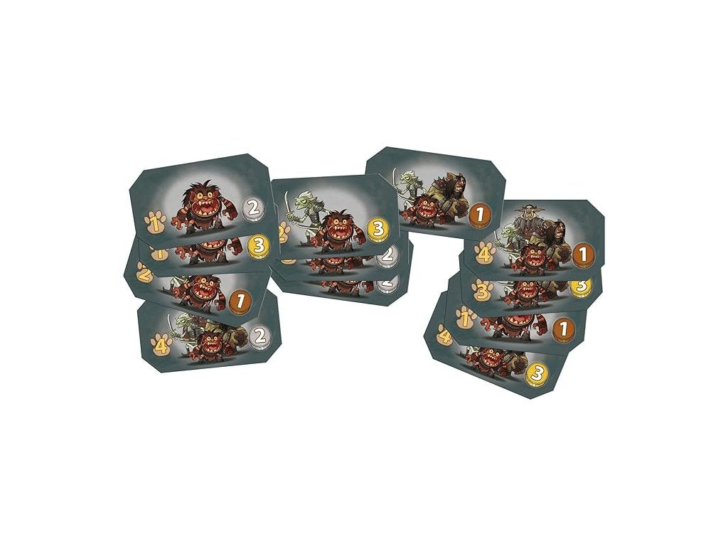Two stacks of game cards from the Treasure Hunter Expansion 1 – Goblin's Loot, depicting various goblins with numbers and paw print symbols