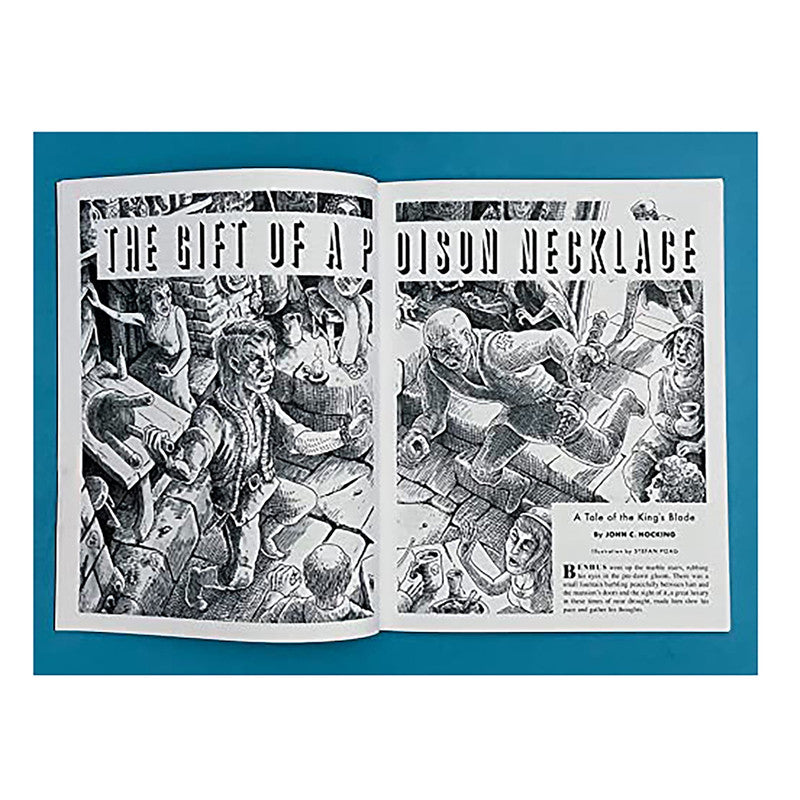 Open comic book spread, "The Gift of a Poison Necklace," black and white illustrations, detailed shading