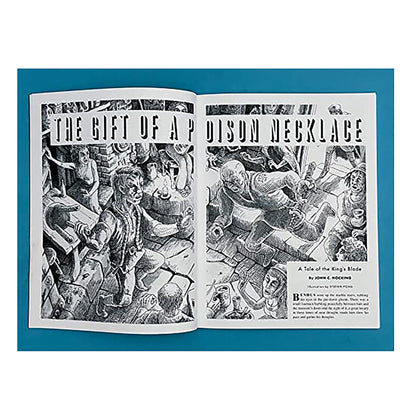 Open comic book spread, "The Gift of a Poison Necklace," black and white illustrations, detailed shading