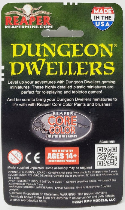 Back of Reaper Miniatures Dungeon Dwellers packaging with product description
