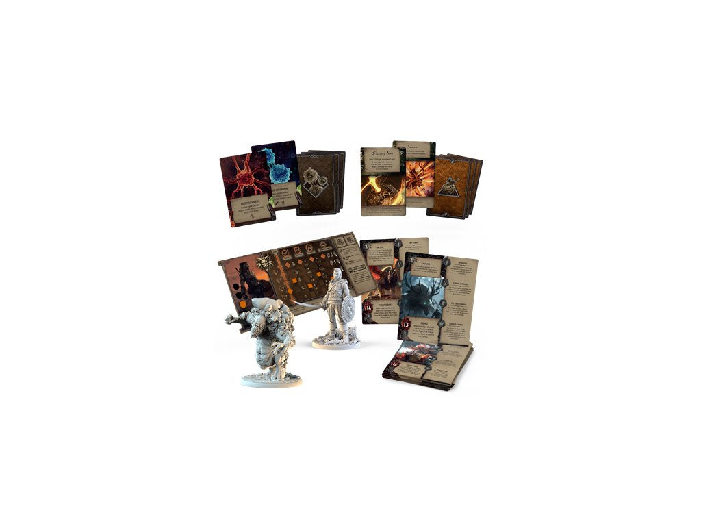 Cards and figures for The Witcher Old World Monster Trail featuring different monster encounters