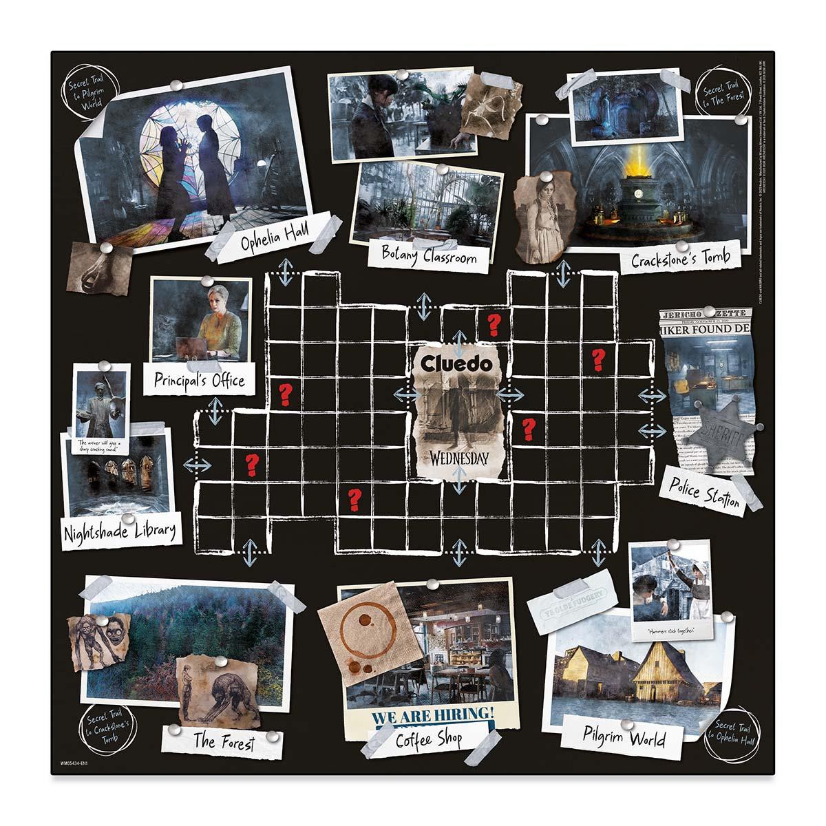 Cluedo: Wednesday game board featuring a central grid map surrounded by pinned photographs of Nevermore Academy locations