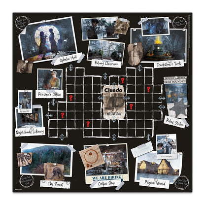 Cluedo: Wednesday game board featuring a central grid map surrounded by pinned photographs of Nevermore Academy locations