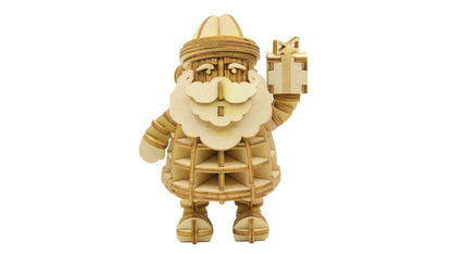 Incredibuilds Santa Claus 3D wood model, assembled, natural wood color kit, with Santa holding a gift box