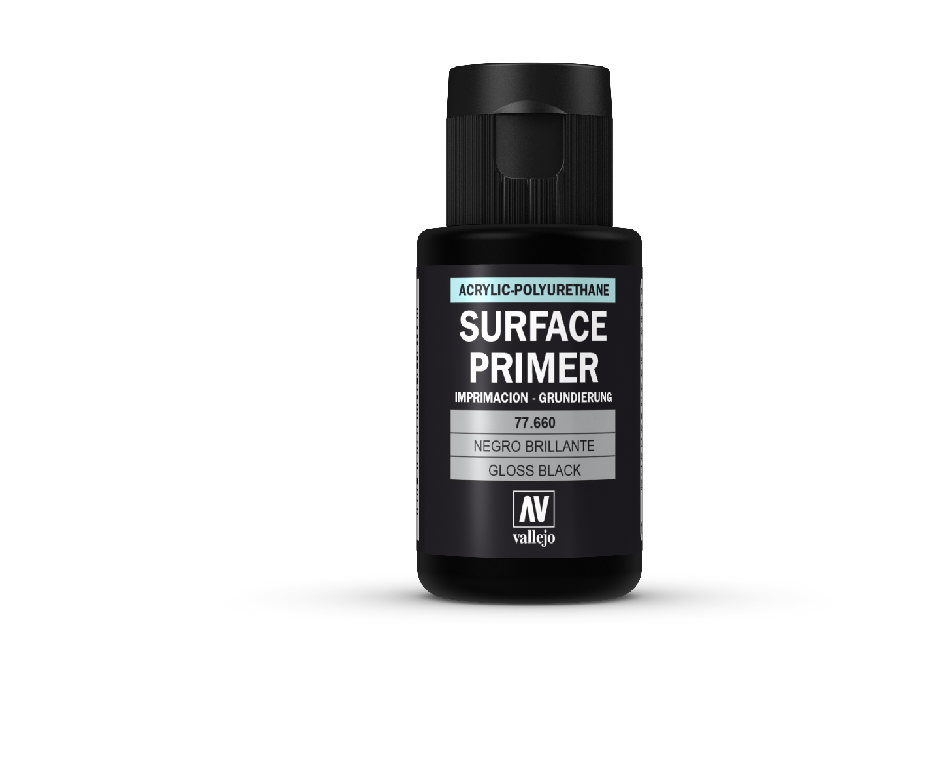 Black bottle of Vallejo Acrylic-Polyurethane Surface Primer, Gloss Black (77.660)