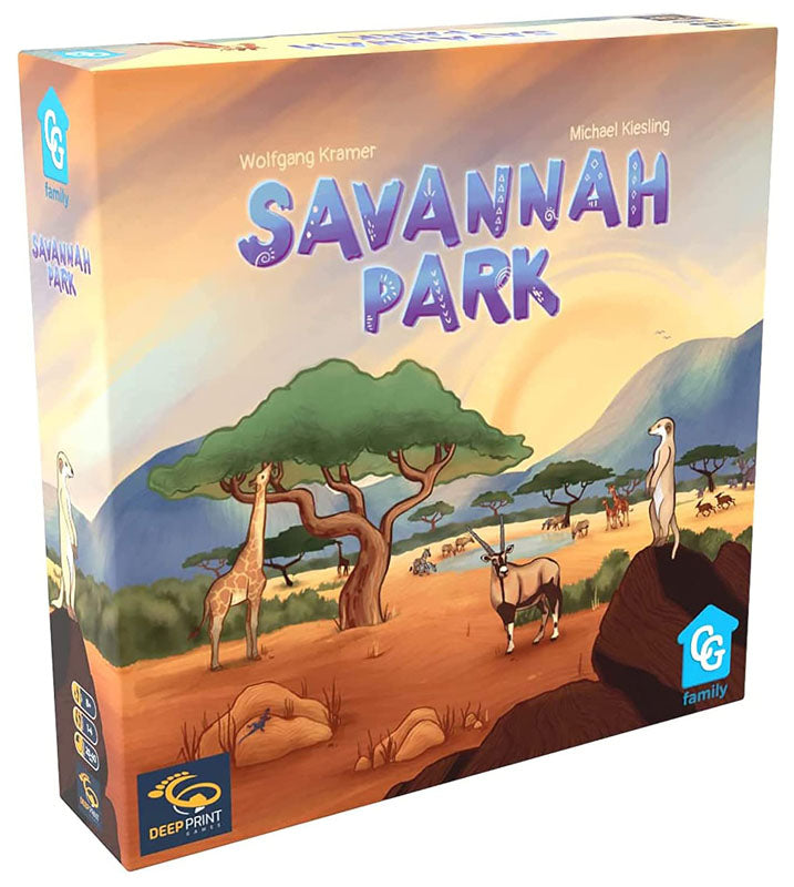 Savannah Park box cover with animals arranged in hexagonal savannah landscape