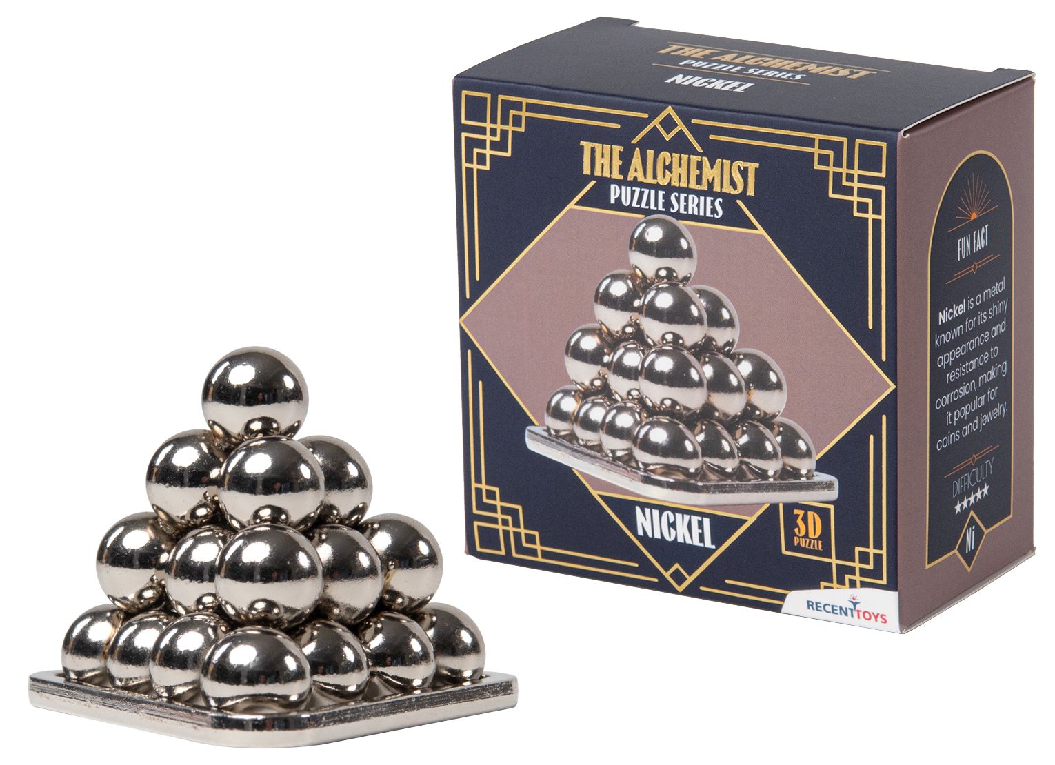 Shiny metallic spheres forming a pyramid-shaped Nickel 3D puzzle, displayed next to its blue and brown "The Alchemist" box