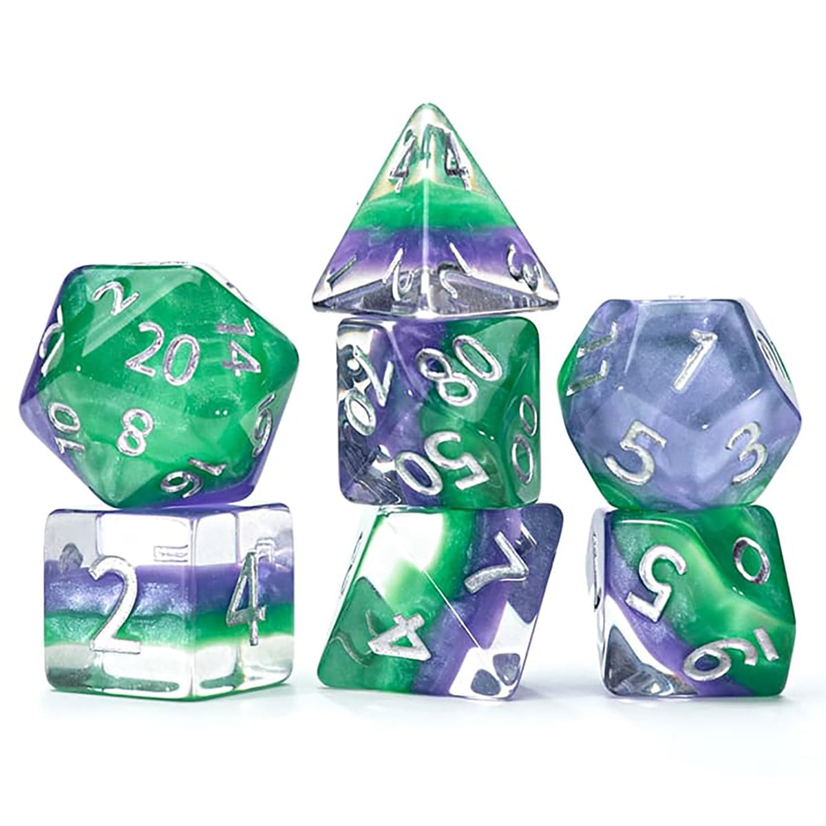 A set of seven swirled green, purple, and clear polyhedral RPG dice with silver-colored numbers