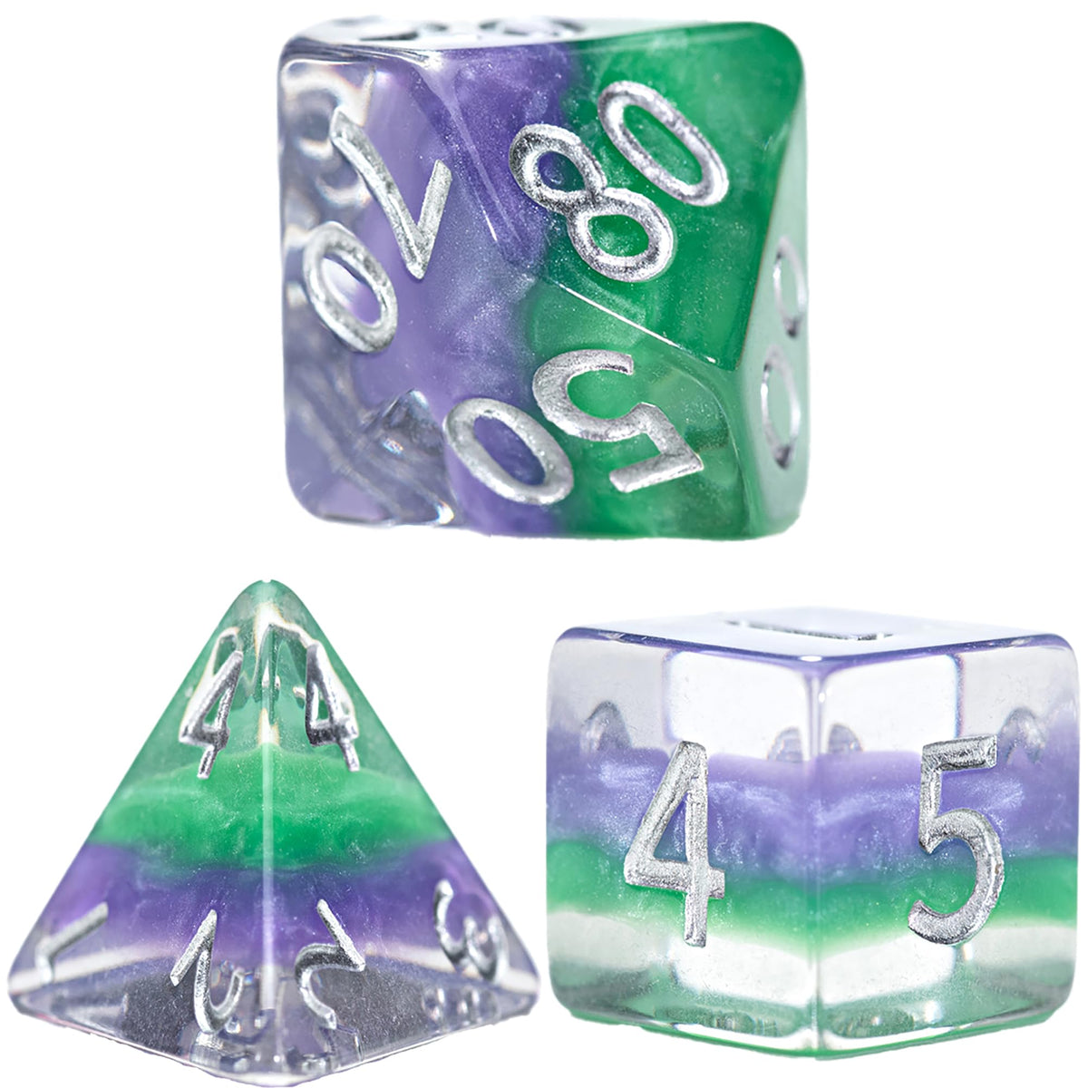 A set of three polyhedral RPG dice in clear, purple, and green swirled colors with silver numbers