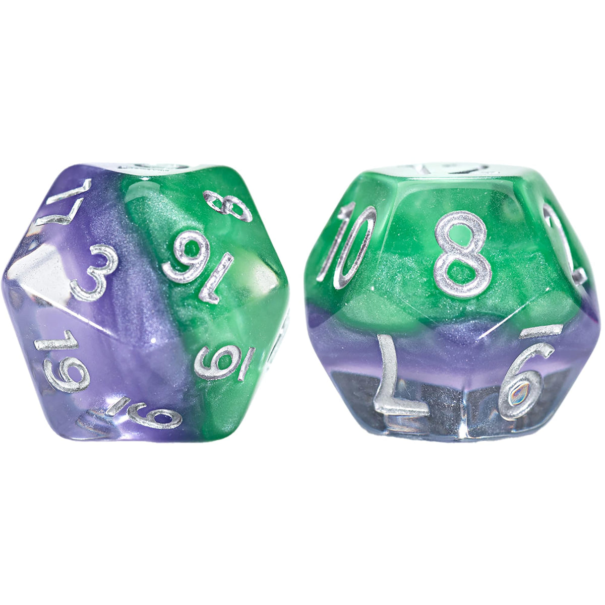 Two Gatekeeper Joker Eclipse RPG dice with swirled green and purple colors and silver numbering