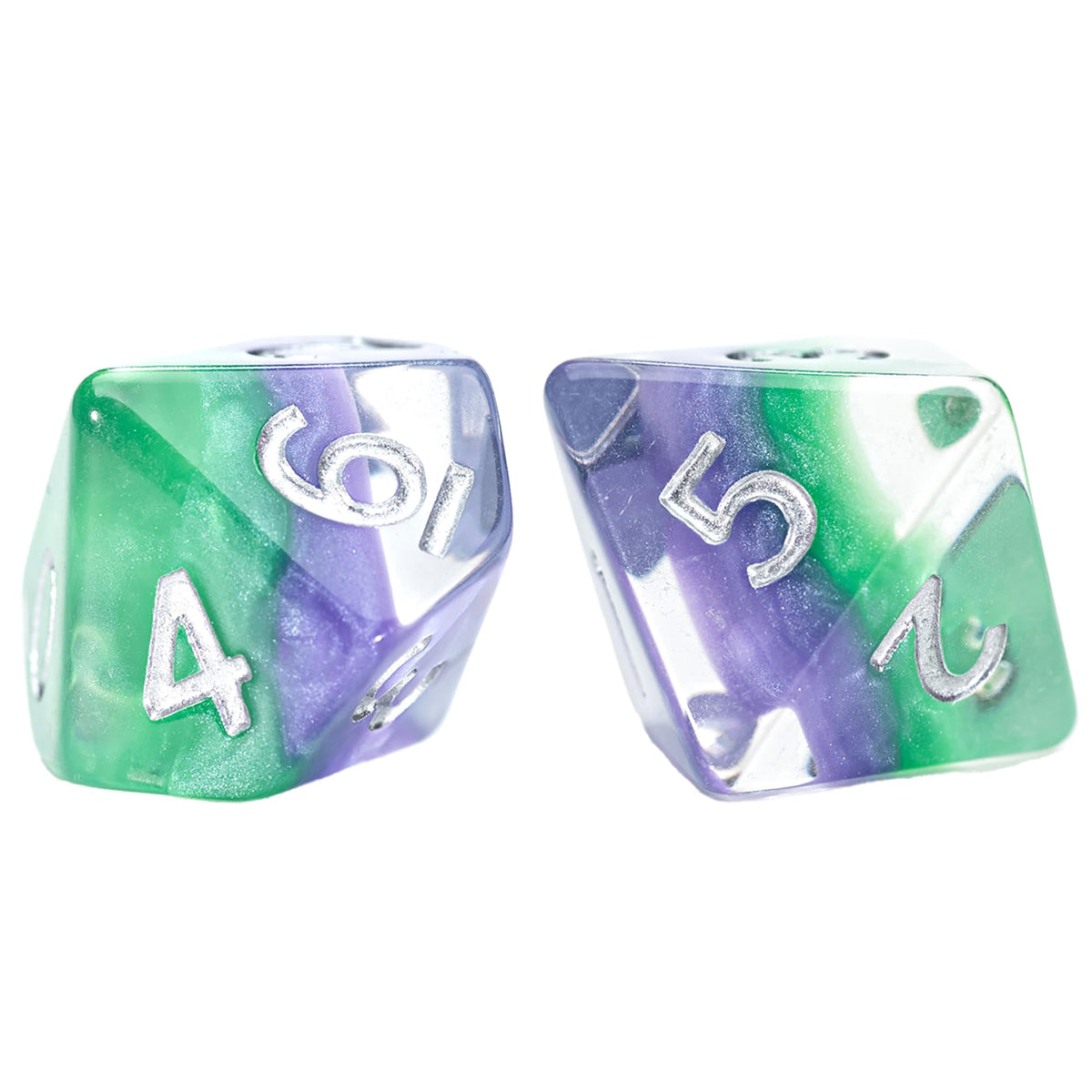 Two green and purple Gatekeeper Joker Eclipse RPG Dice Set dice with silver numbers on a white background