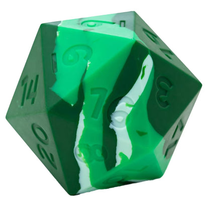 A green and white marbled 20-sided die with numbers visible on its faces