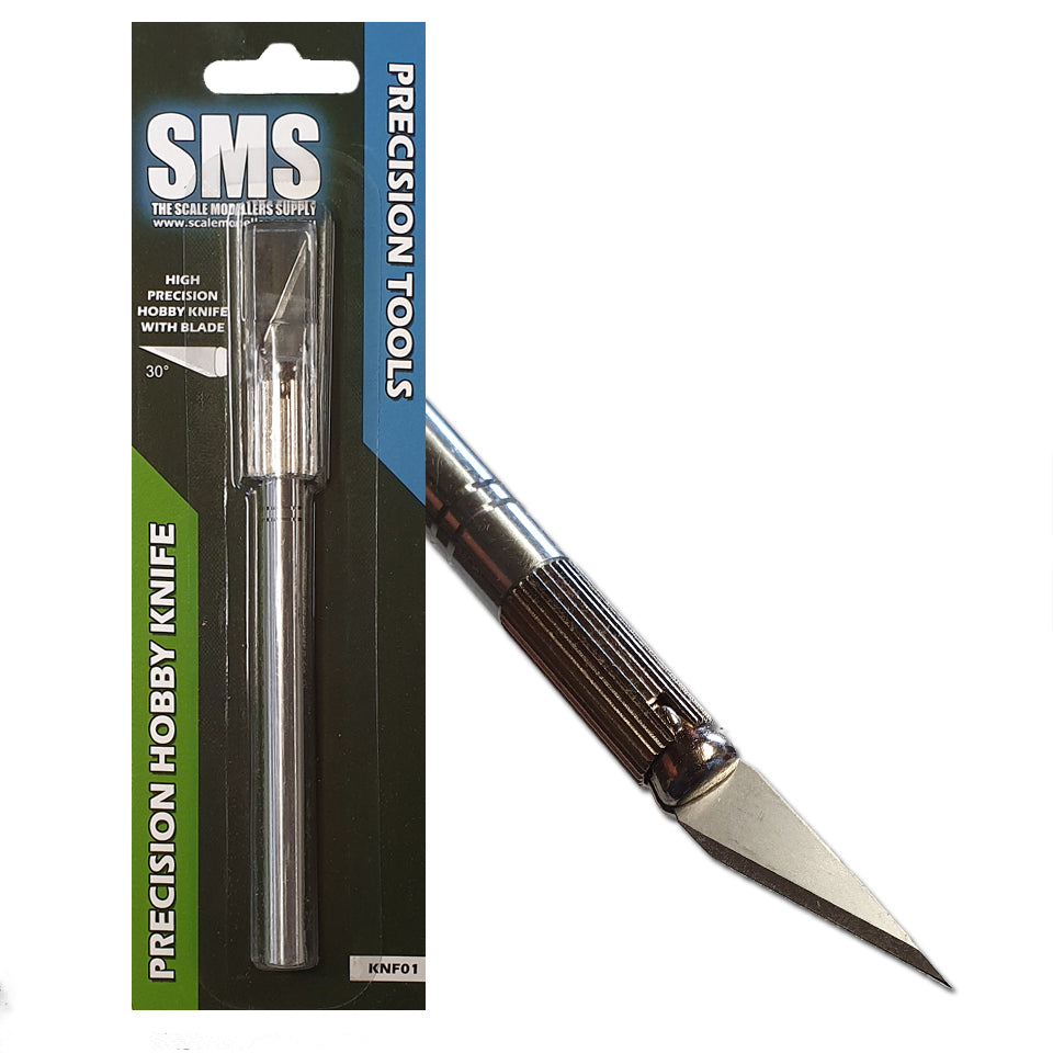 A packaged SMS Precision Hobby Knife with Blade is shown alongside a close-up of the sharp-tipped metallic tool