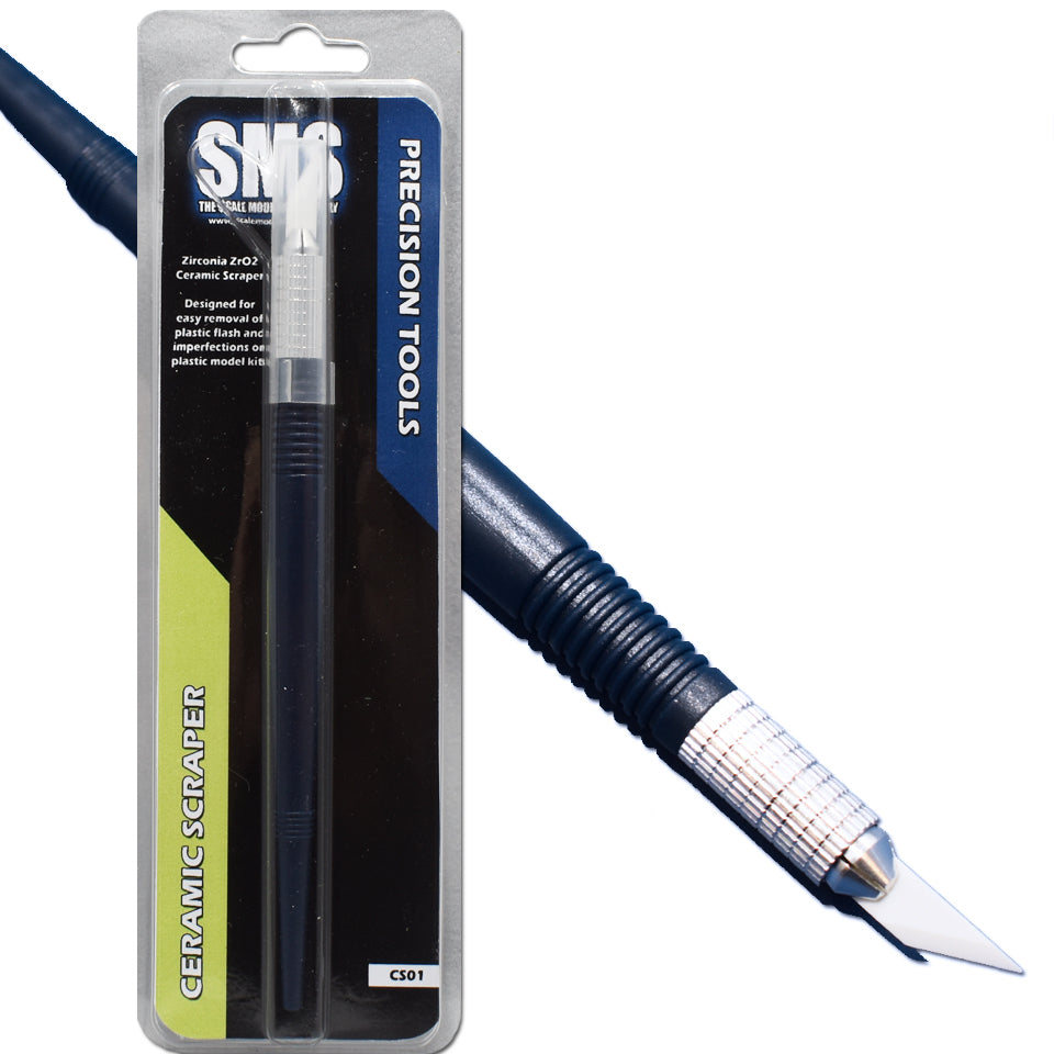 A ceramic scraper in blister packaging and a dark blue handle scraper with a white ceramic blade shown outside the package