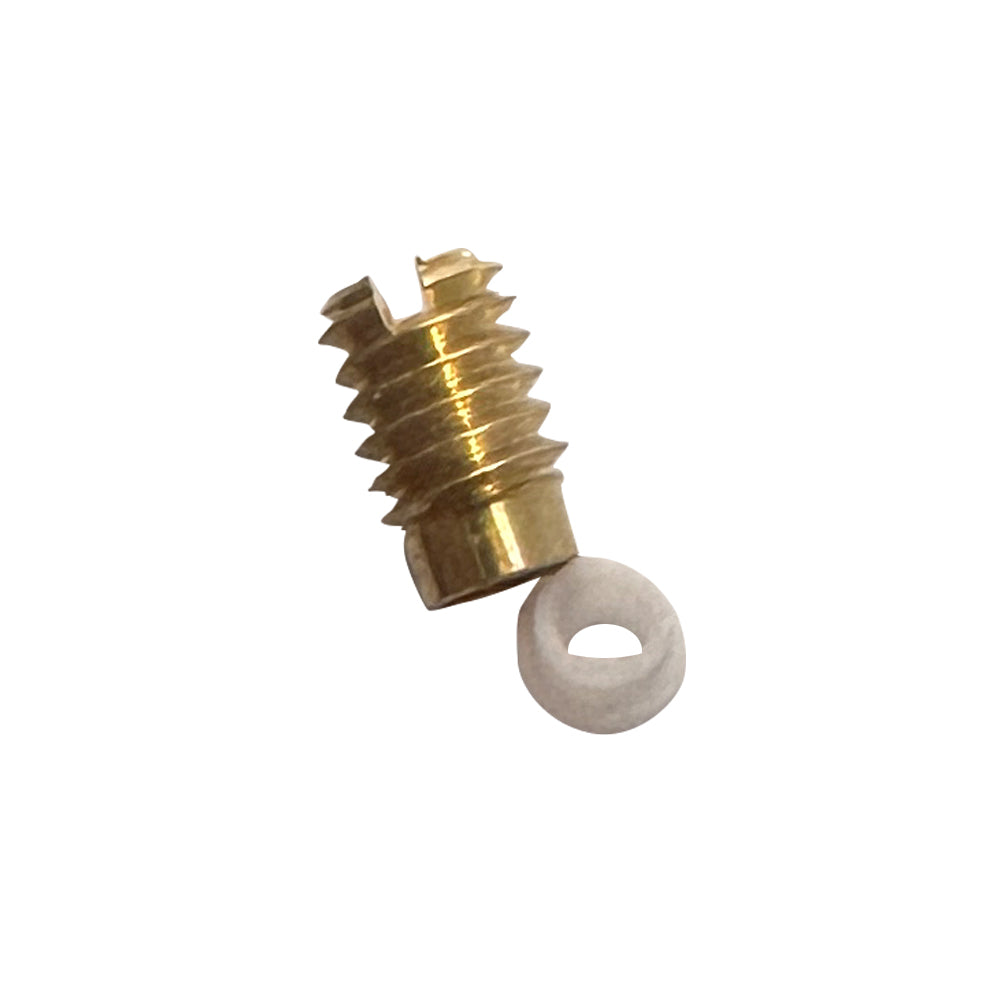 A brass replacement packing screw features a slotted head, threaded body, and a white circular seal attached to its end